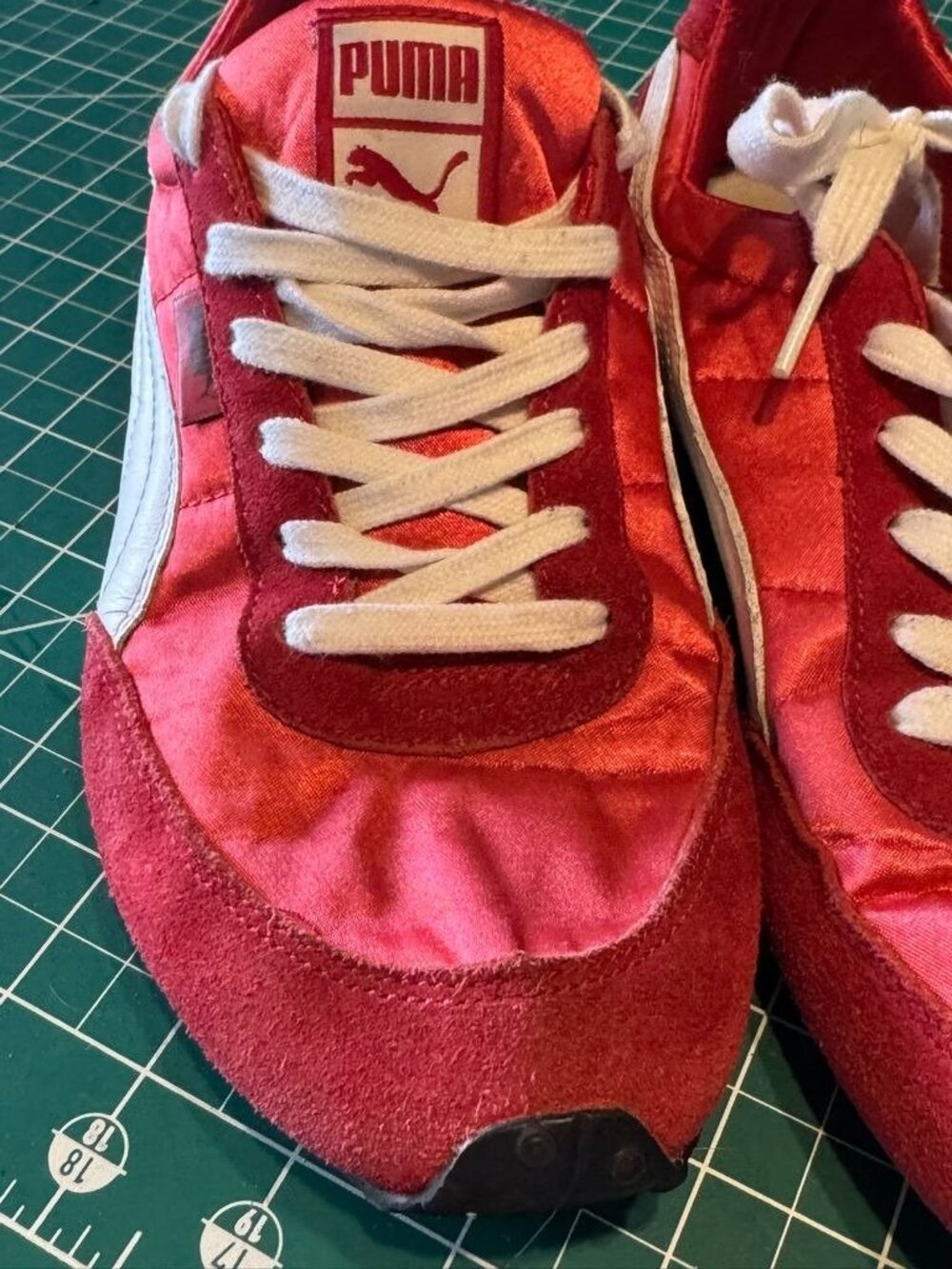 Puma Red Suede Satin Sneakers White Accents Lace-Up Womens Casual Size 8 Retro - Picture 2 of 9